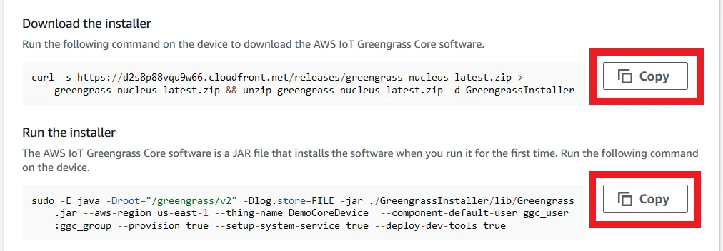 Commands to set up an example Greengrass server