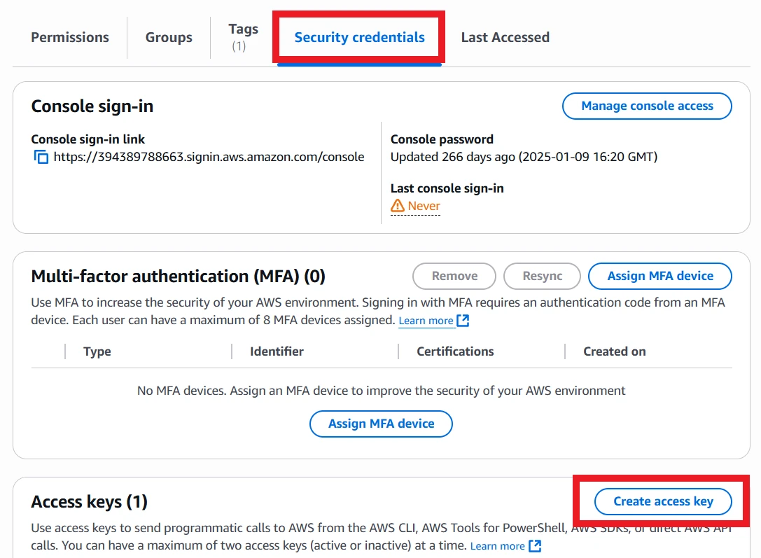 Create access key in security credentials tab