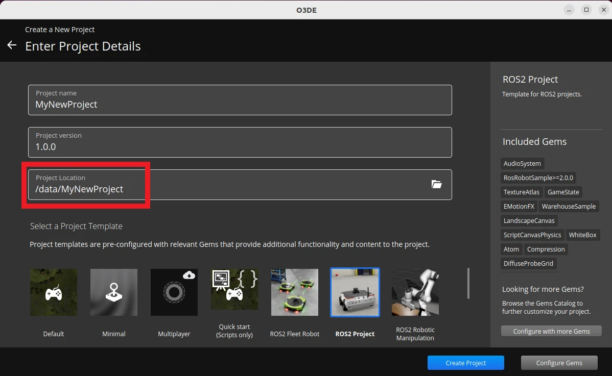 Screenshot showing project creation settings in O3DE