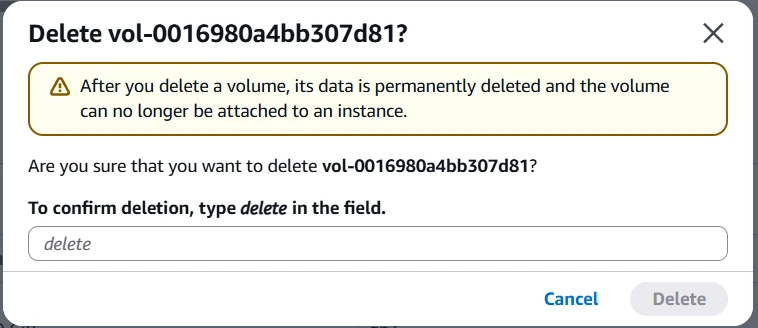 Screenshot the volume delete confirmation dialog box from the AWS Console
