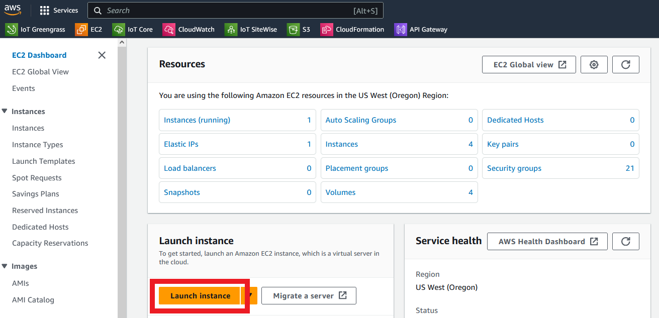 EC2 Console page with red box around launch instance button