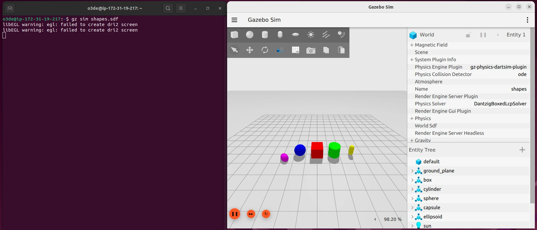 Screenshot of Ignition Gazebo running on the Spot Instance
