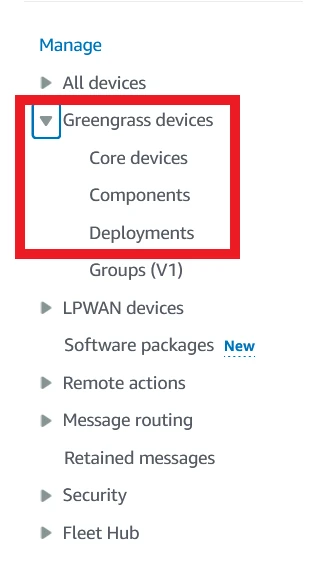 Greengrass menu options in AWS Console