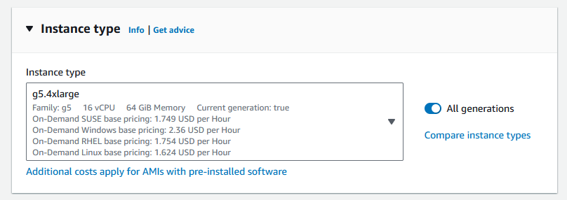 Instance type selected as g5.xlarge