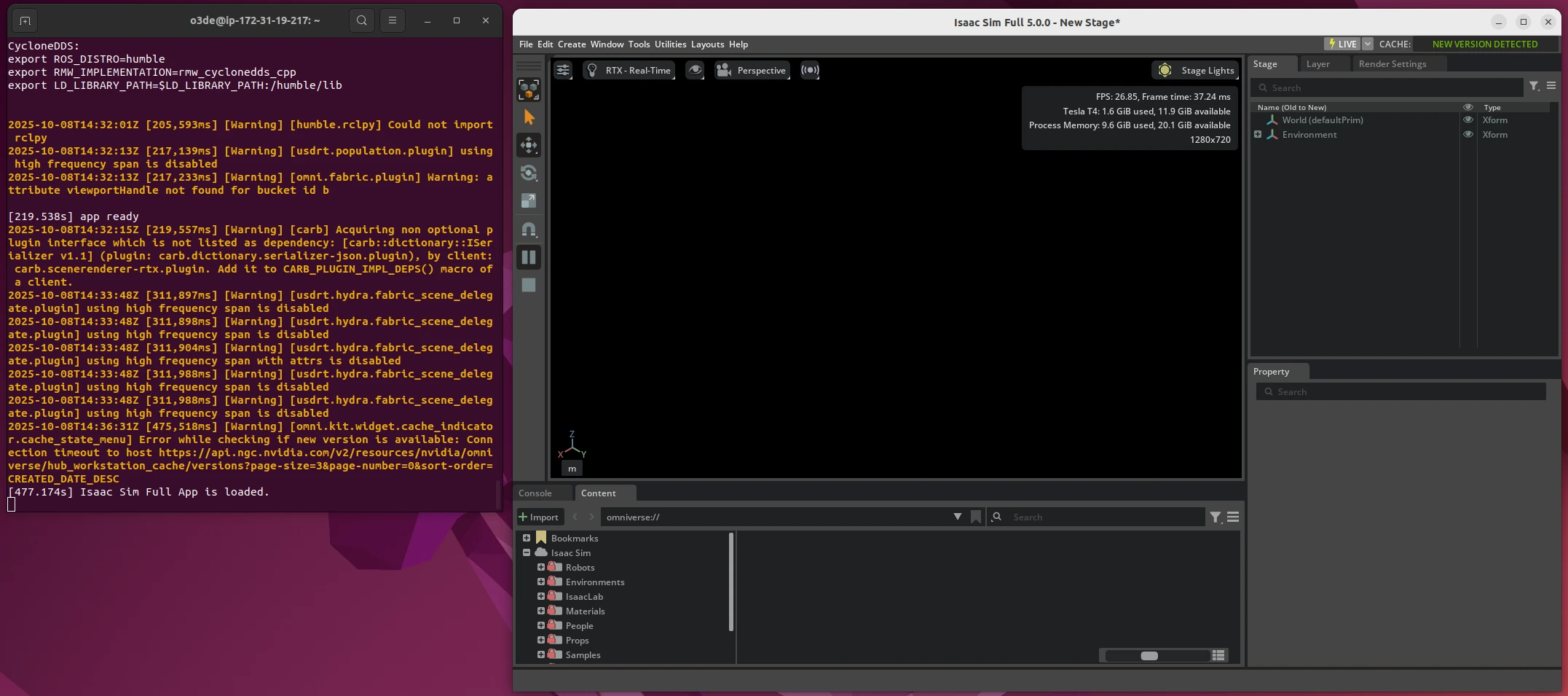 Screenshot of Isaac Sim running on Spot Instance