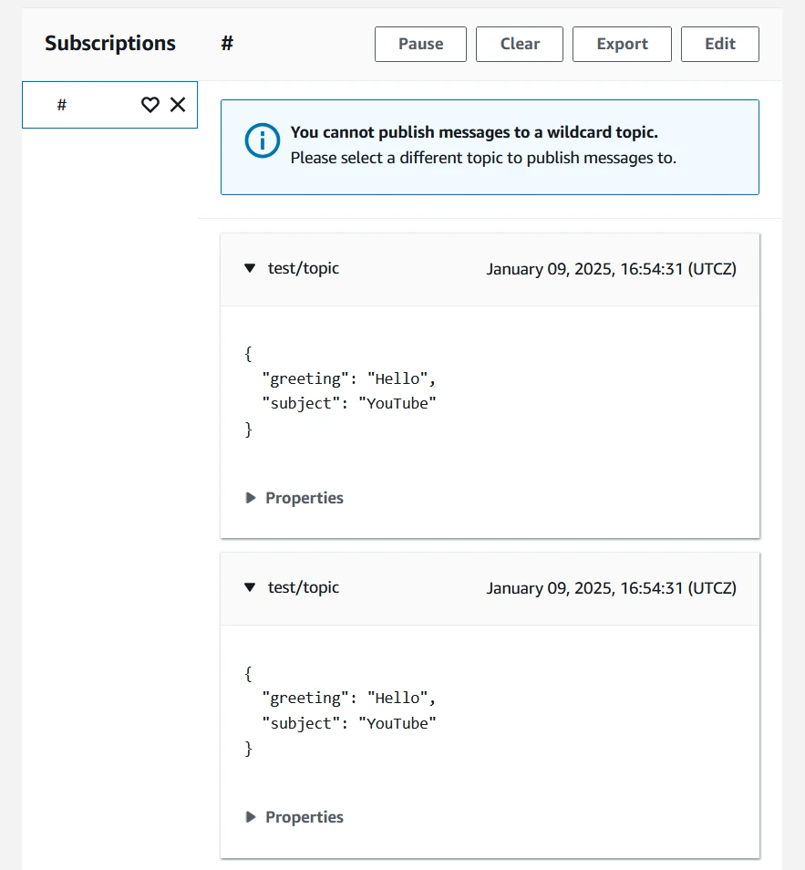 MQTT Test Client showing Greengrass messages