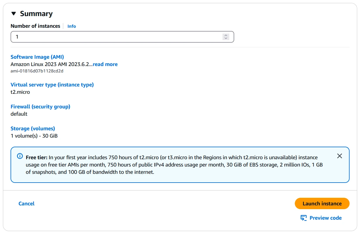 Summary section for EC2 instance launch