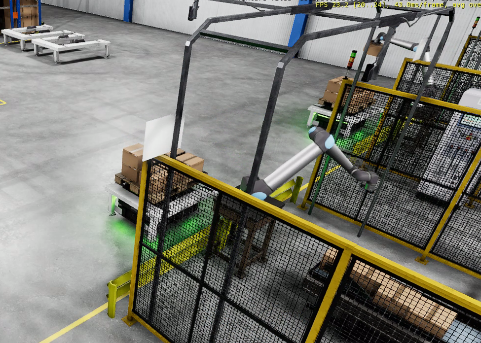 O3DE robot arms loading packages onto mobile robots