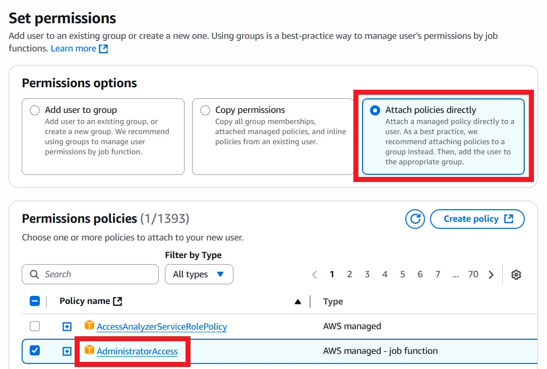 Select AdministratorAccess policy on IAM user creation