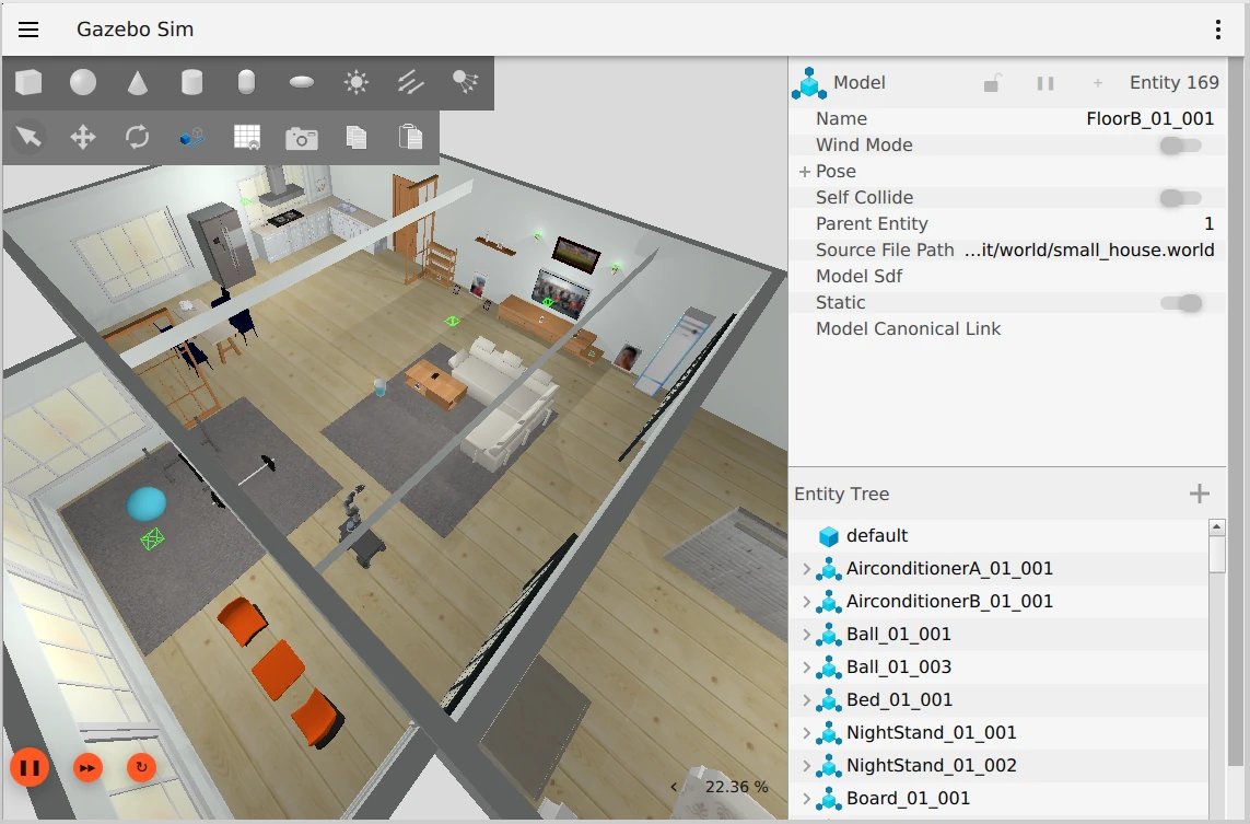Gazebo window with simulation started