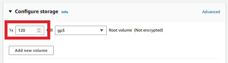 Storage configuration with 120GB AMI volume